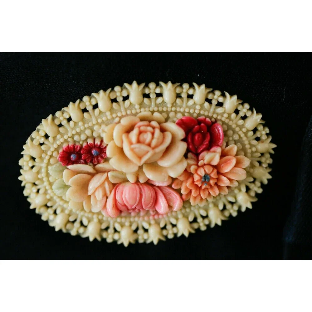 Vintage Carved Celluloid Plastic Floral Colourful Edwardian Style Oval Brooch...